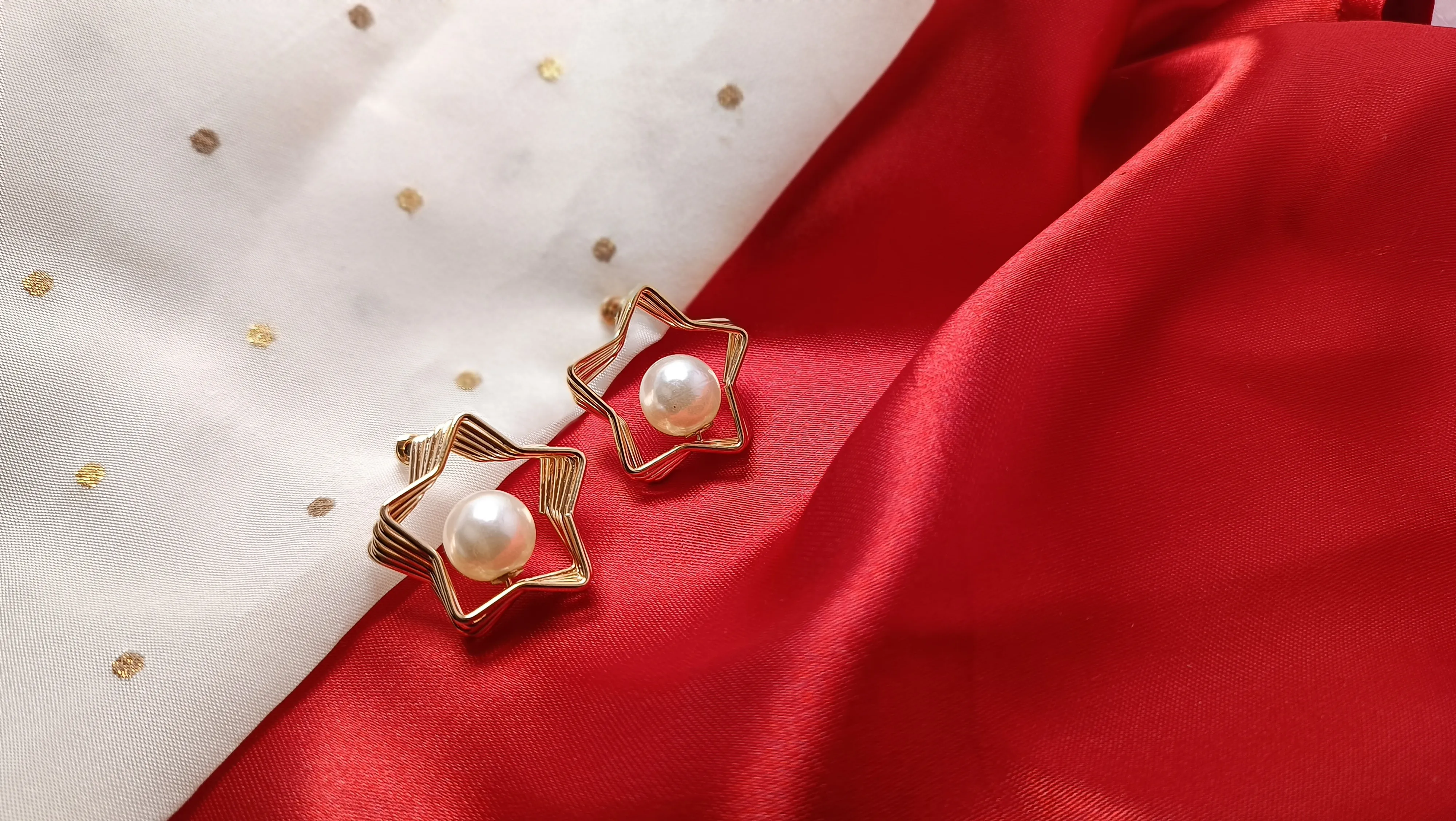 Celestial Pearl Star Earrings - Delicate Gold Wire-Wrapped Pearl Studs